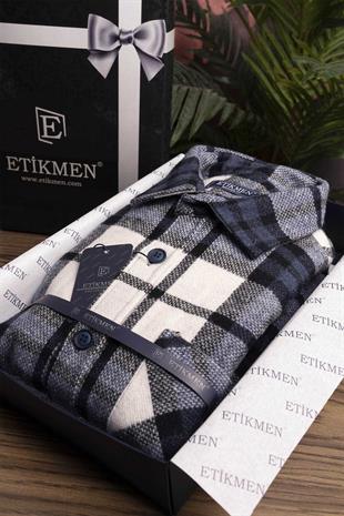 Lacivert Beyaz Geçişli Oversize Oduncu Erkek Gömlek