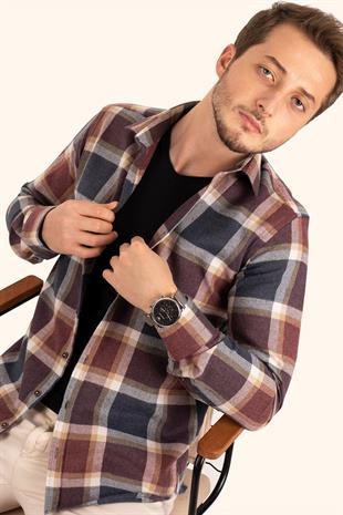Lacivert Bordo Desenli Slimfit Oduncu Erkek Gömlek