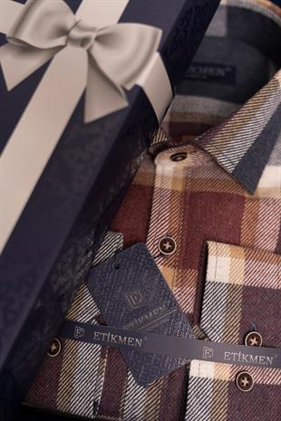 Lacivert Bordo Desenli Slimfit Oduncu Erkek Gömlek