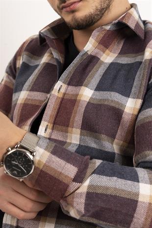 Lacivert Bordo Desenli Slimfit Oduncu Erkek Gömlek