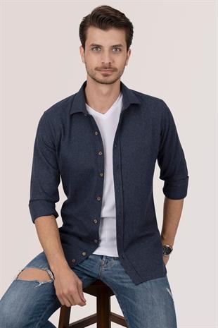 Lacivert Düz Slimfit Oduncu Erkek Gömlek