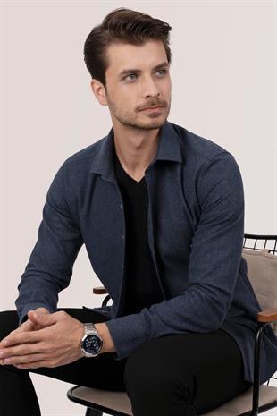 Lacivert Düz Slimfit Oduncu Erkek Gömlek