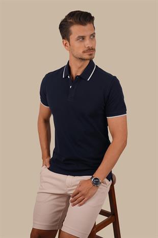 Lacivert Gri Yaka Çizgili Erkek Polo Yaka Tişört
