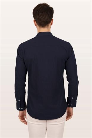 Lacivert Hakim Yaka Keten Üç Düğmeli Erkek Gömlek
