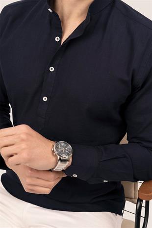 Lacivert Hakim Yaka Keten Üç Düğmeli Erkek Gömlek