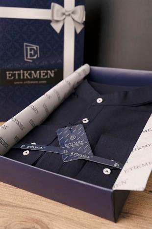 Lacivert Hakim Yaka Keten Üç Düğmeli Erkek Gömlek