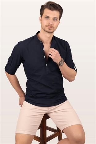 Lacivert Hakim Yaka Keten Üç Düğmeli Erkek Gömlek