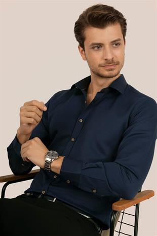Lacivert Kahve Düğmeli Slimfit Erkek Gömlek