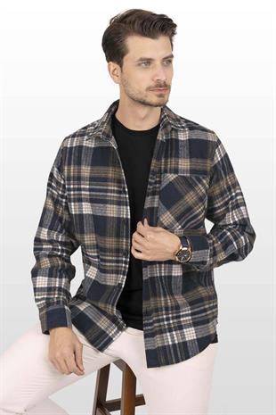Lacivert Kahve Geçişli Oversize Oduncu Erkek Gömlek