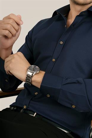 Lacivert Kahve Düğmeli Slimfit Erkek Gömlek