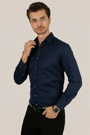 Lacivert Kahve Düğmeli Slimfit Erkek Gömlek