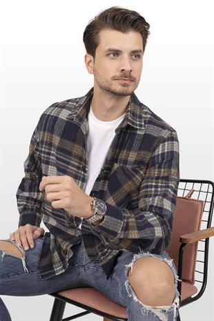 Lacivert Kahve Geçişli Oversize Oduncu Erkek Gömlek