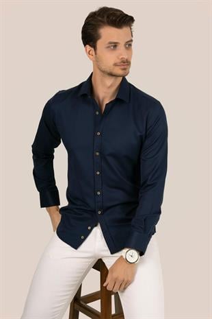Lacivert Kahve Düğmeli Slimfit Erkek Gömlek