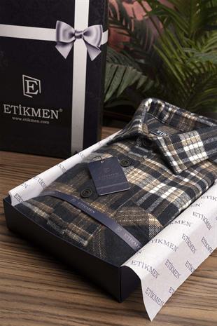 Lacivert Kahve Geçişli Oversize Oduncu Erkek Gömlek