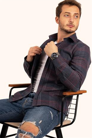 Lacivert Kırmızı Çizgili Slimfit Oduncu Erkek Gömlek