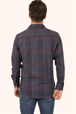 Lacivert Kırmızı Çizgili Slimfit Oduncu Erkek Gömlek