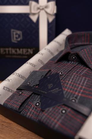 Lacivert Kırmızı Çizgili Slimfit Oduncu Erkek Gömlek