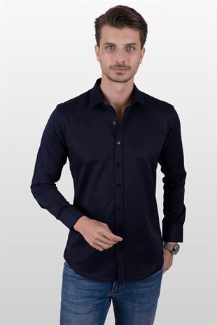 Lacivert Saten Slimfit Erkek Gömlek