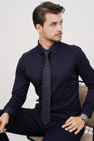 Lacivert Saten & Lacivert Çizgi Desen Hediye Kutulu Gömlek Kravat Seti