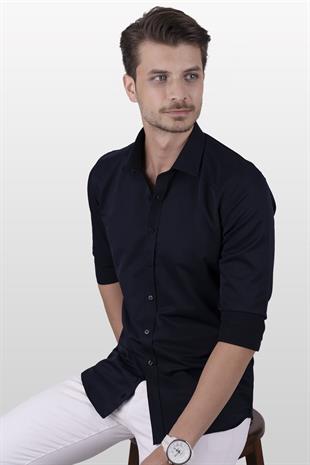 Lacivert Saten Slimfit Erkek Gömlek