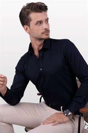 Lacivert Saten Slimfit Erkek Gömlek