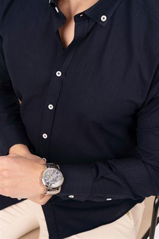 Lacivert Yaka Düğmeli Keten Slimfit Erkek Gömlek