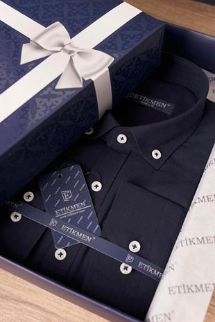 Lacivert Yaka Düğmeli Keten Slimfit Erkek Gömlek