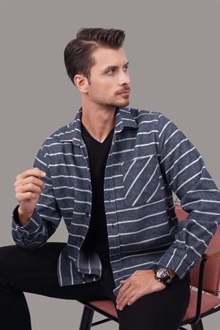 Mavi Beyaz Çizgili Oversize Oduncu Erkek Gömlek