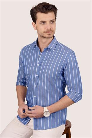 Mavi Beyaz Çizgili Slimfit Erkek Gömlek