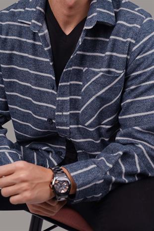 Mavi Beyaz Çizgili Oversize Oduncu Erkek Gömlek