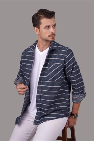 Mavi Beyaz Çizgili Oversize Oduncu Erkek Gömlek