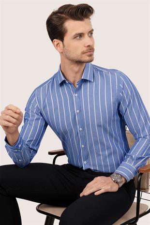Mavi Beyaz Çizgili Slimfit Erkek Gömlek