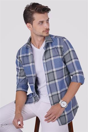 Mavi Gri Kareli Slimfit Oduncu Erkek Gömlek