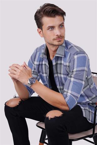 Mavi Gri Kareli Slimfit Oduncu Erkek Gömlek