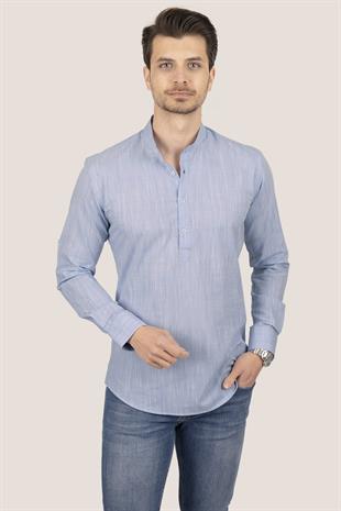 Mavi Hakim Yaka Keten Üç Düğmeli Erkek Gömlek