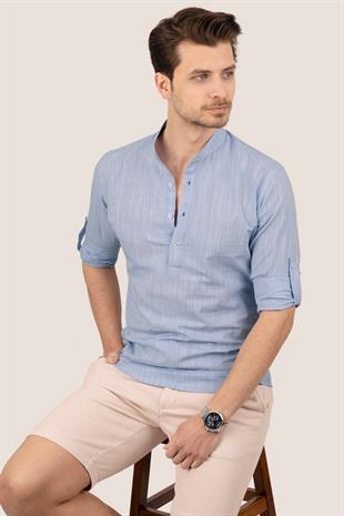 Mavi Hakim Yaka Keten Üç Düğmeli Erkek Gömlek
