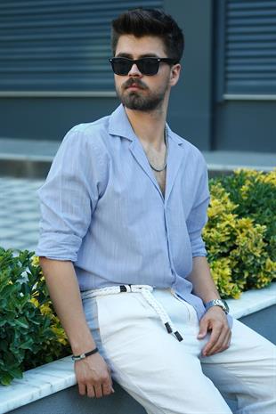 Mavi Keten Apaj Yaka Oversize Erkek Gömlek