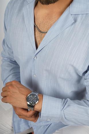 Mavi Keten Apaj Yaka Oversize Erkek Gömlek