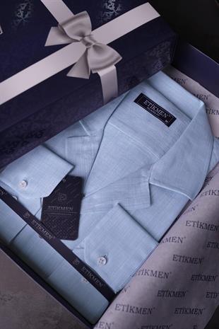 Mavi Keten Apaj Yaka Oversize Erkek Gömlek