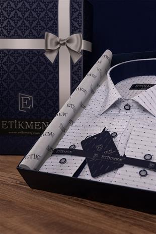 Mavi Noktalı Beyaz Erkek Gömlek