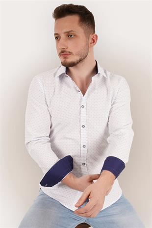 Mavi Noktalı Beyaz Erkek Gömlek