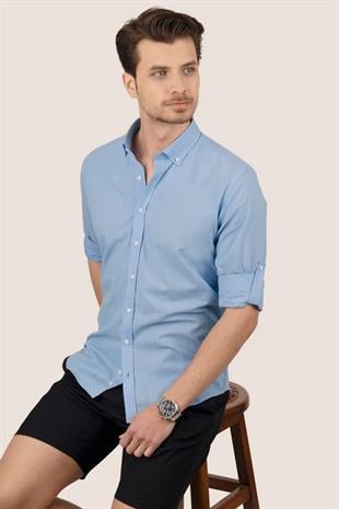 Mavi Yaka Düğmeli Keten Slimfit Erkek Gömlek