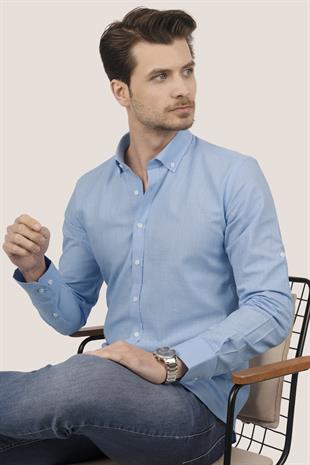 Mavi Yaka Düğmeli Keten Slimfit Erkek Gömlek