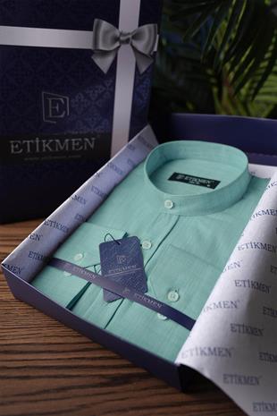 Mint Hakim Yaka Keten Üç Düğmeli Erkek Gömlek