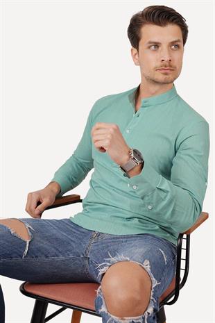 Mint Hakim Yaka Keten Üç Düğmeli Erkek Gömlek