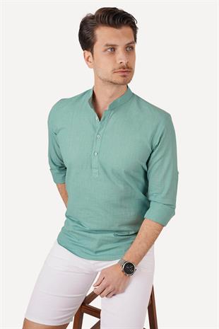 Mint Hakim Yaka Keten Üç Düğmeli Erkek Gömlek