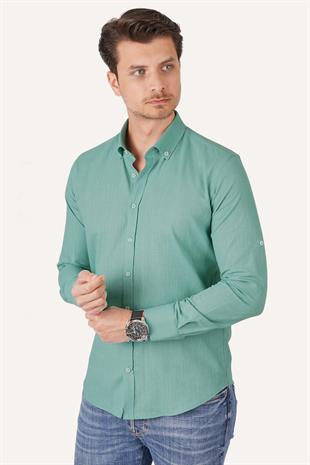 Mint Yaka Düğmeli Keten Slimfit Erkek Gömlek