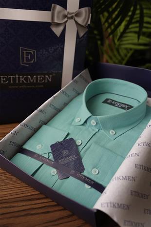 Mint Yaka Düğmeli Keten Slimfit Erkek Gömlek