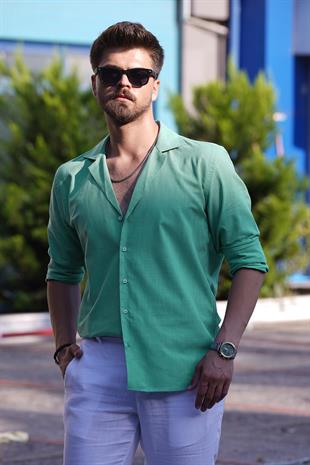 Mint Yeşili Keten Apaj Yaka Oversize Erkek Gömlek