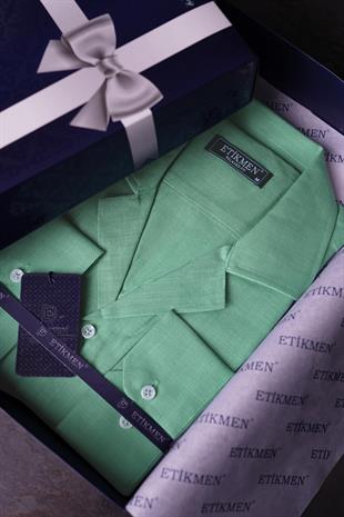 Mint Yeşili Keten Apaj Yaka Oversize Erkek Gömlek